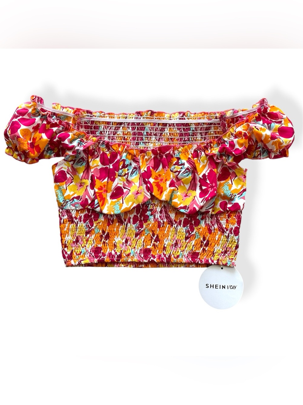 SHEIN Pink & Orange Floral Smocked Puff-Sleeve Crop Top - Picture 6 of 7